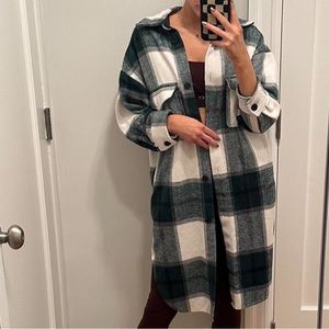 Green and White Plaid Trench Coat